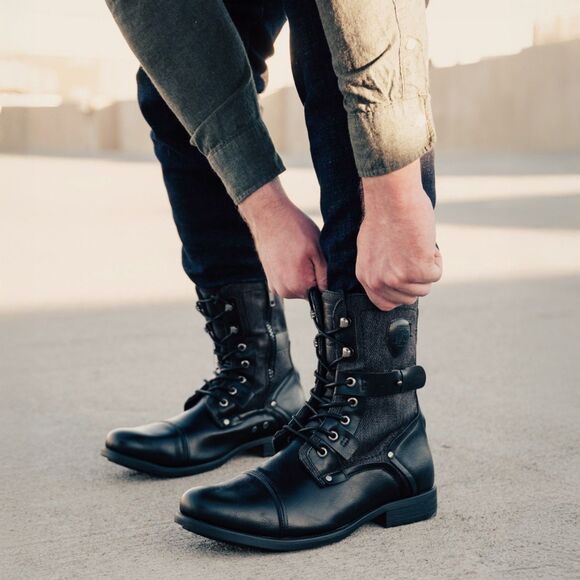 J75 Jump Deploy Combat Boots Men 8 Fit 9 Black Leather Lace Up Zip Military Moto - Picture 3 of 15